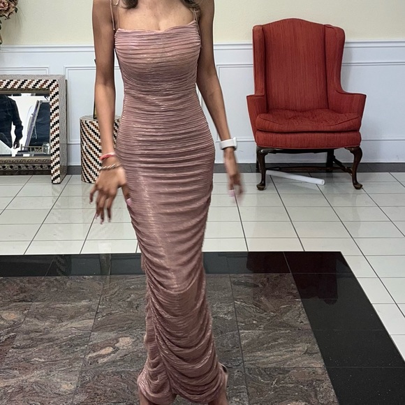 Miss Circle Glint Rose Gold Ruched Chiffon Long Maxi Dress Miss Circle Glint Rose Gold Ruched Chiffon Long Maxi Dress